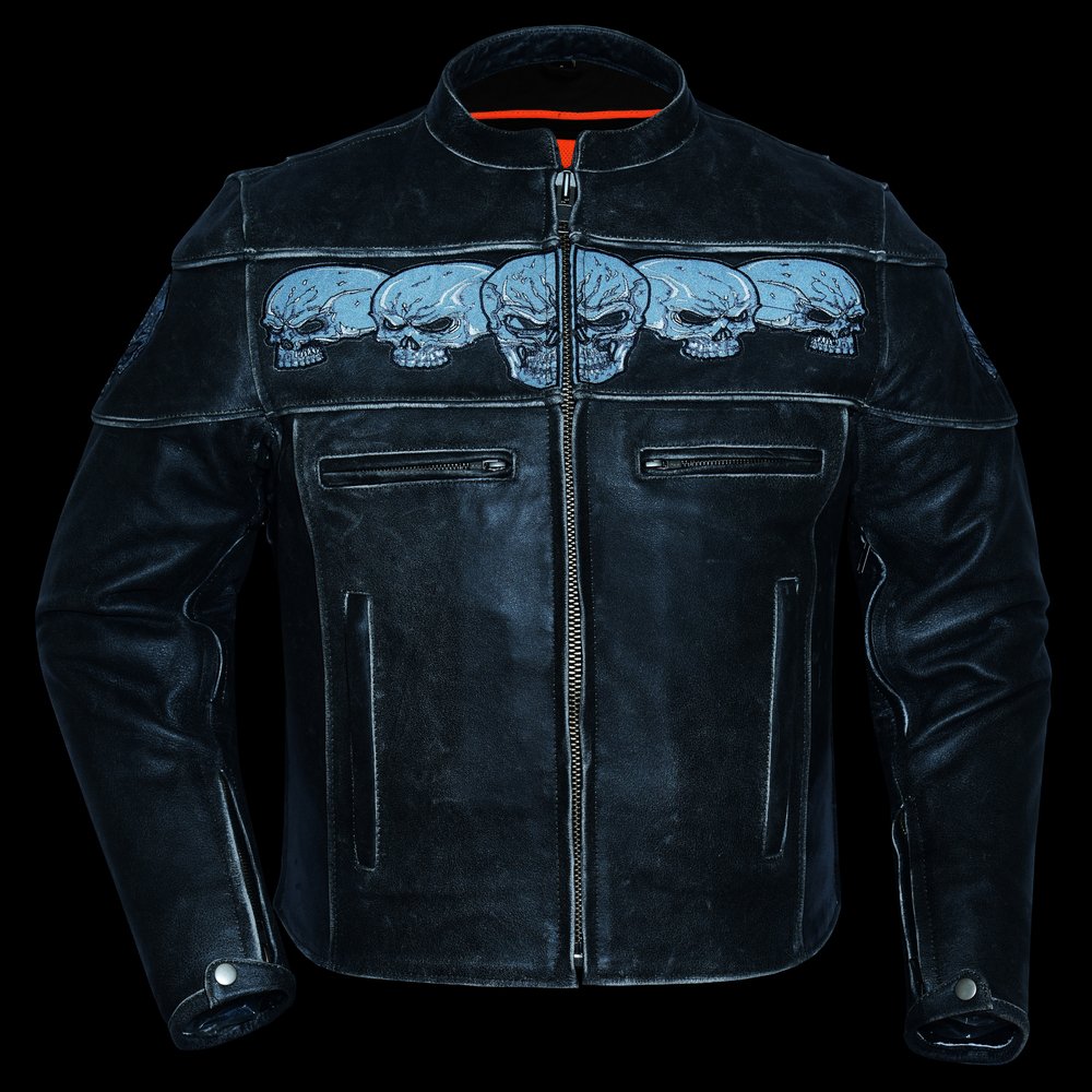 Leather Motorcycle Jacket - Men's - Reflective Skulls - Racer - DS723-DS