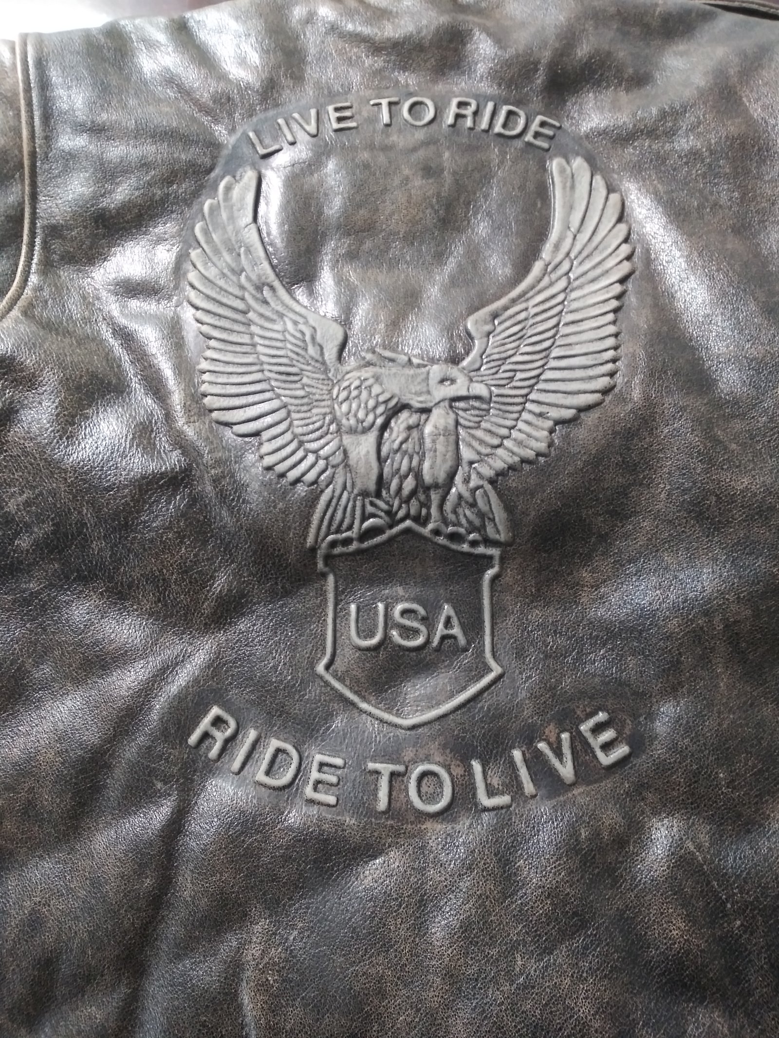 Embossed Eagle Retro Brown Motorcycle Jacket with Side Laces and Live To Ride - SKU MJ703-02-DL