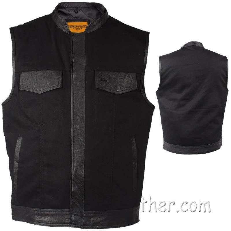Mens Black Denim Club Vest with Leather Trim - SKU MV8019-ZIP-BD-DL Mens Black Denim Club Vest with Leather Trim - SKU MV8019-ZIP-BD-DL