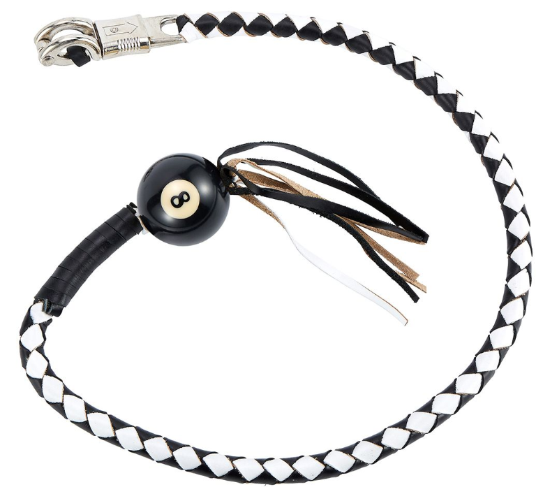 Get Back Whip - Black and White Leather - With Black 8 Ball - 42 Inches - SKU GBW7-BALL8-DL