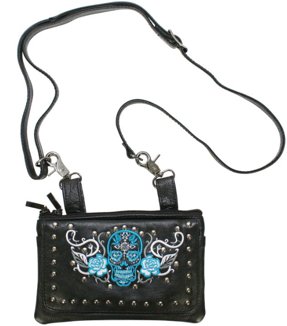 Leather Belt Bag - Teal Blue - Sugar Skull Roses - Handbag - BAG35-EBL14-TEAL-DL