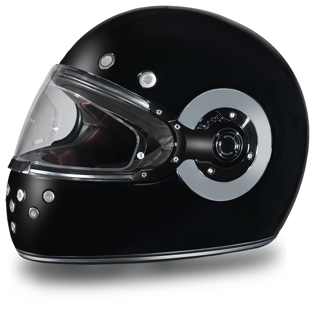 DOT Motorcycle Helmet - Retro Hi Gloss Black - Full Face - Chrome Accents - R1-A-DH