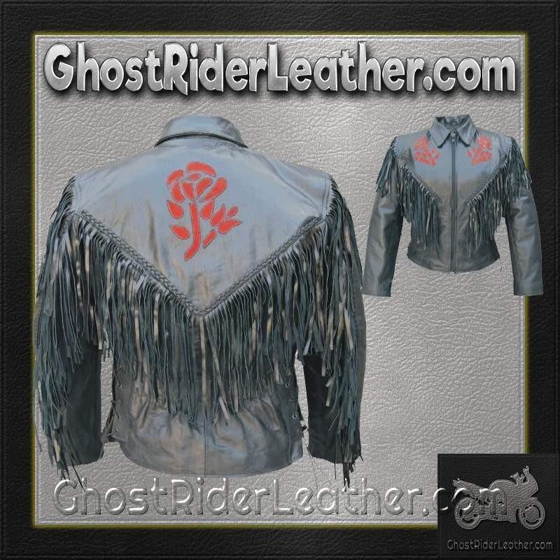 Ladies Red or Black Rose Fringe Leather Jacket - SKU AL2105-2106-AL
