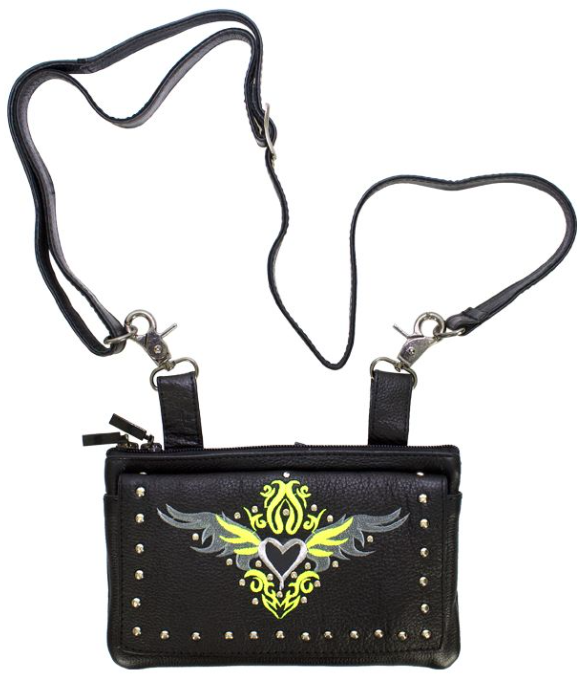 Leather Belt Bag - Lime Green - Heart Wings Design - Handbag - BAG35-EBL1-LIME-DL