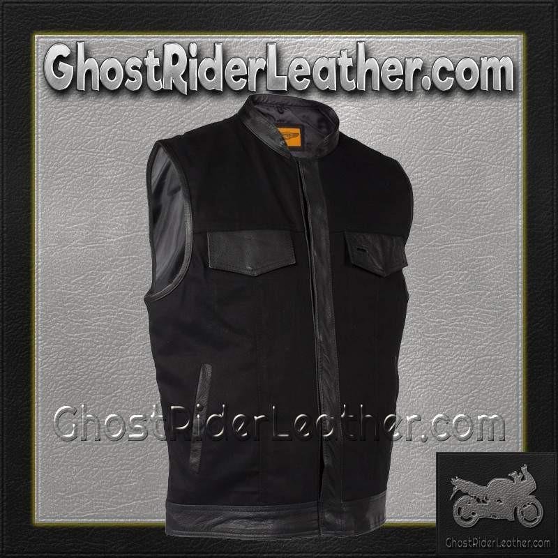 Mens Black Denim Club Vest with Leather Trim - SKU MV8019-ZIP-BD-DL Mens Black Denim Club Vest with Leather Trim - SKU MV8019-ZIP-BD-DL