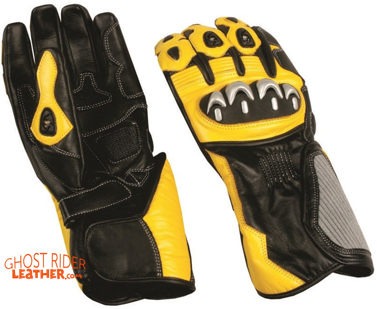 Leather Gloves - Men's - Sport Bike - Knuckle Protector - Yellow Black - AL3082-AL