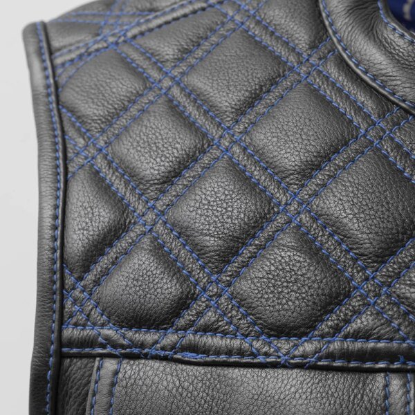 Leather Motorcycle Vest - Men's - Downside - Black with Blue Stitching - Up To 5X - FIM693-QLT-BL-FM