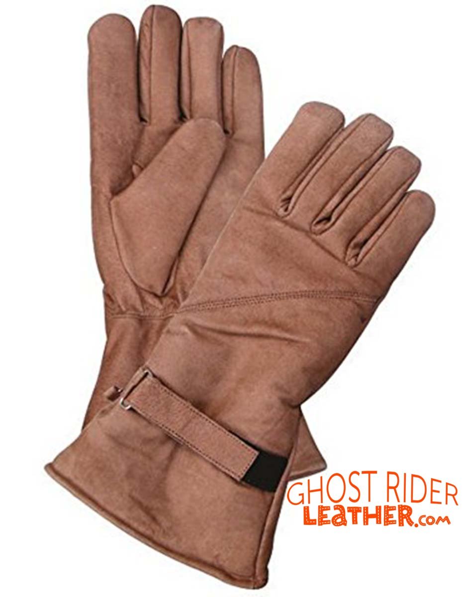 Leather Gloves  - Men's - Brown - Gauntlet - Motorcycle Riding - AL3053-AL