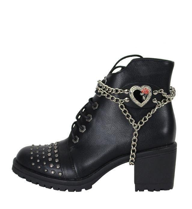 Pair of Women's Biker Boot Chains - Heart With Red Rose - BCN109-DL