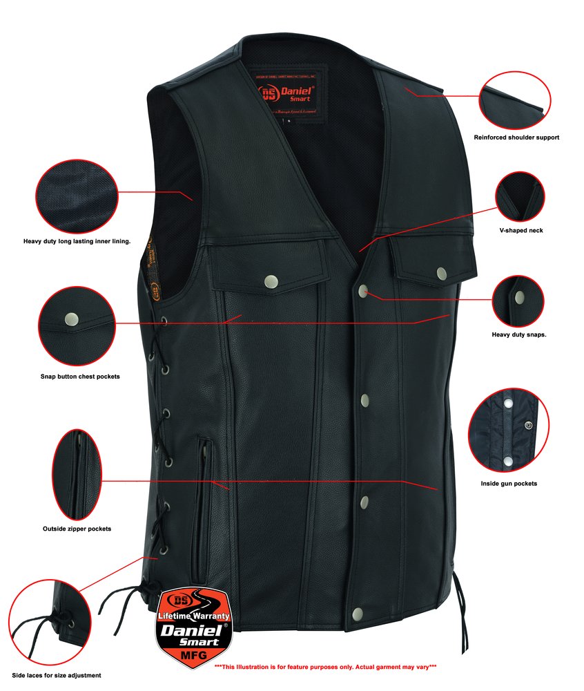Leather Motorcycle Vest - Men's - Gun Pockets - Up To 10XL - DS124-DS