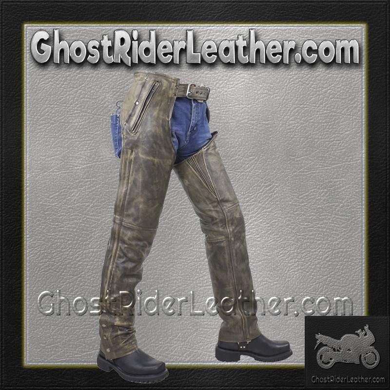 Mens Leather Chaps in Naked Distressed Brown Leather - SKU C334-12-DL Mens Leather Chaps in Naked Distressed Brown Leather - SKU C334-12-DL