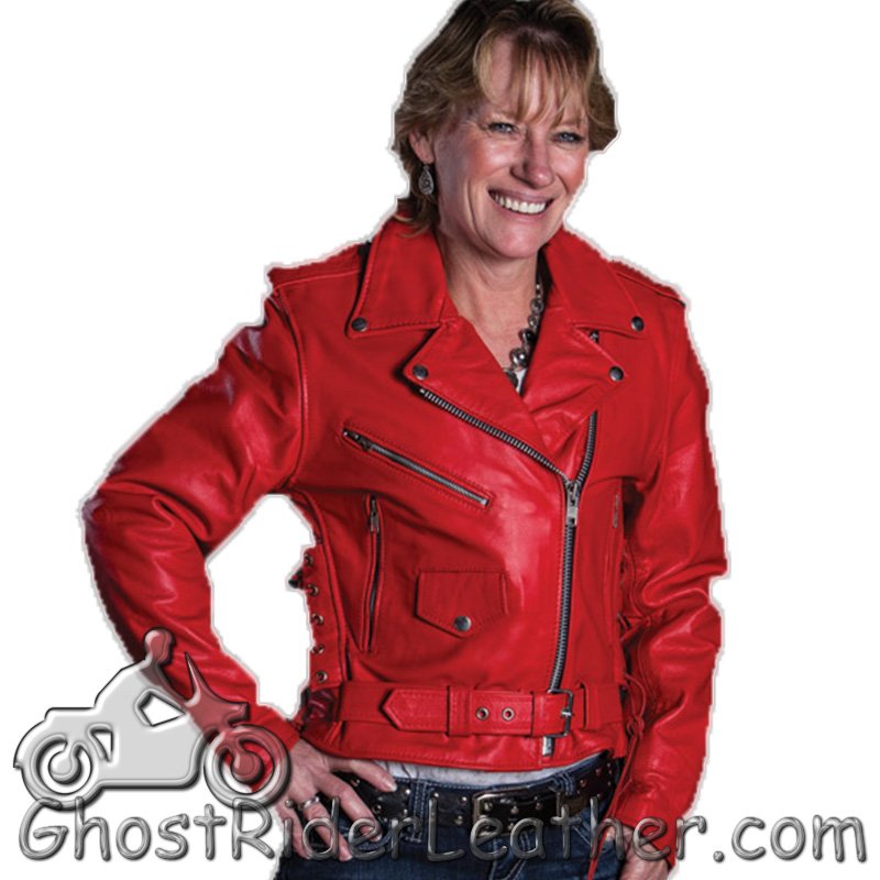 Ladies Classic Biker Red Leather Motorcycle Jacket - SKU AL2122-AL