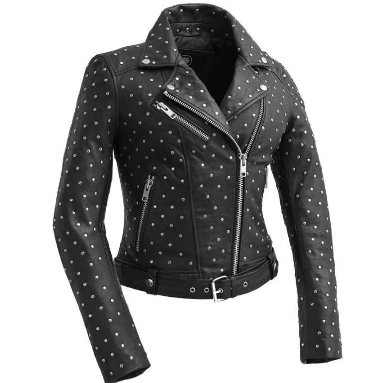 Black Leather Motorcycle Jacket - Women's - Handcrafted Studs - Claudia - WBL1723-FM