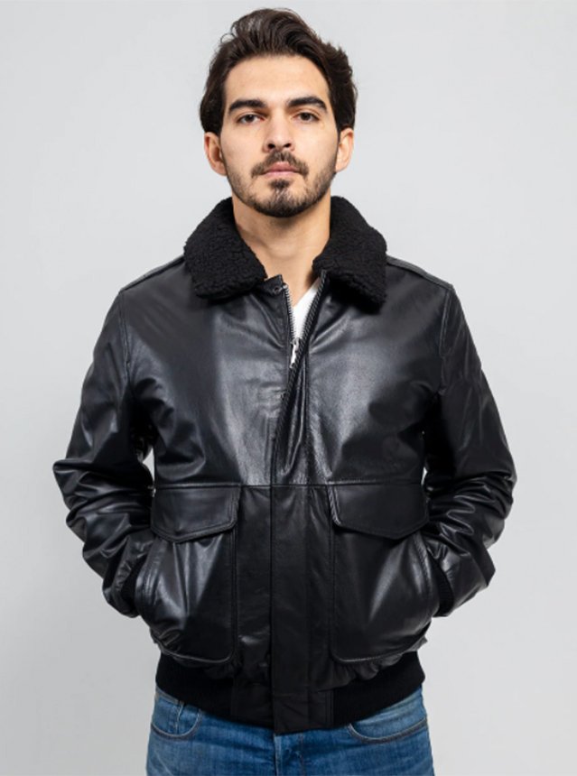 Leather Bomber Jacket - Men's - Black - Faux Shearling Collar - FMM219BP-FM