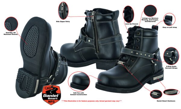 Leather Motorcycle Boots - Women's - Black - Side Zippers - DS9766-DS