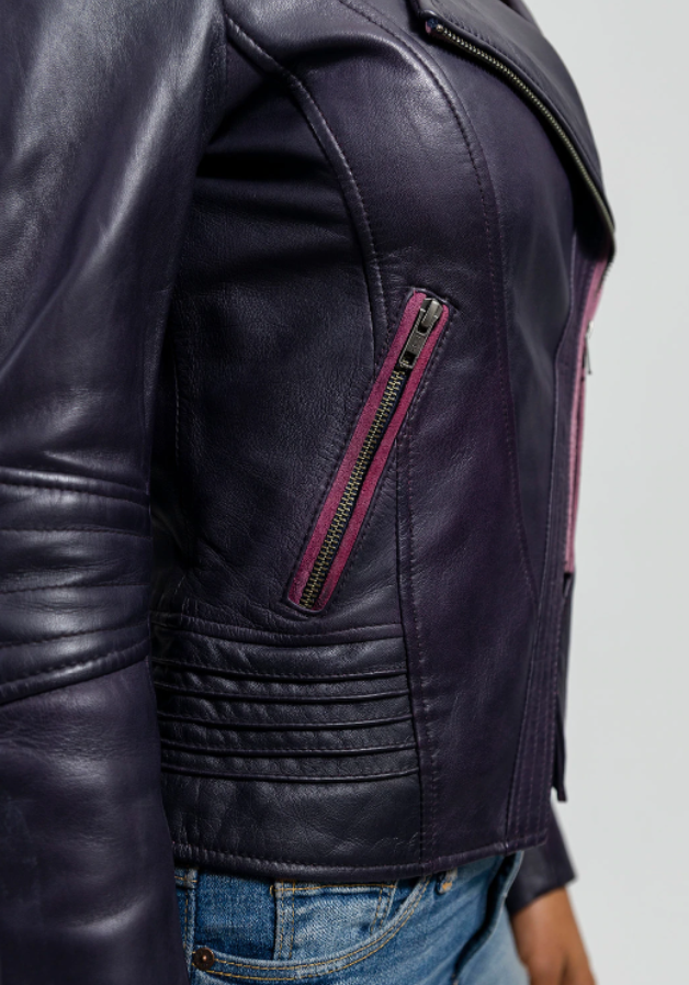 Leather Motorcycle Jacket - Women's - Violet Or Black - WBL1395-FM