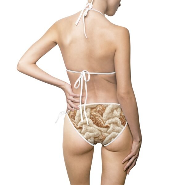 Kitten on Cream Fleece - Shades of Brown - White Ties - Women's Bikini Swimsuit