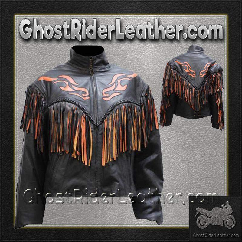 Ladies Leather Jacket With Orange Flames and Fringe - SKU LJ259-DL