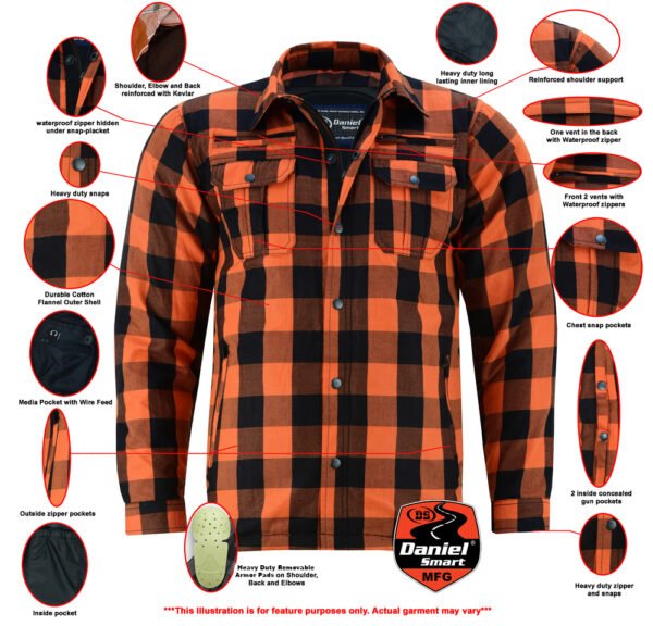 Flannel Motorcycle Shirt - Men's - Armor Pockets - Gun Pockets - Up To Size 5XL - Orange Black Plaid - DS4675-DS