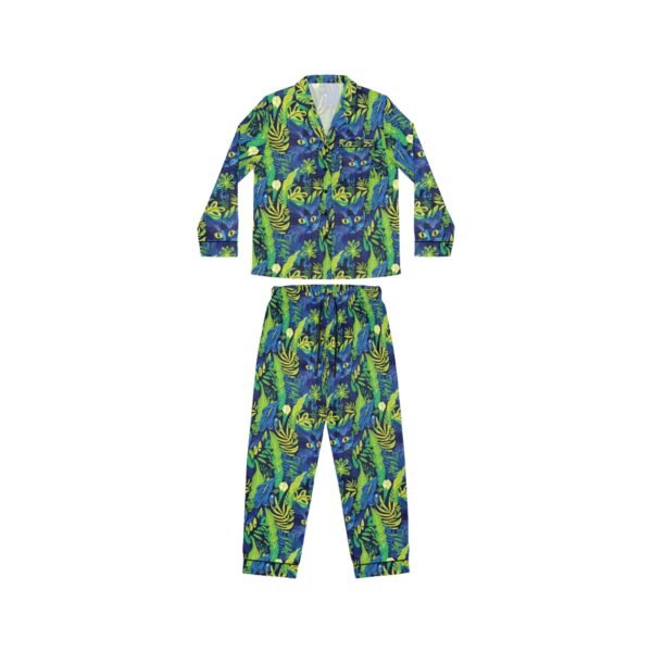Cat Hiding in the Plants - Blues Greens Yellow - Multiple Colors - Women's Satin Pajamas - PJs