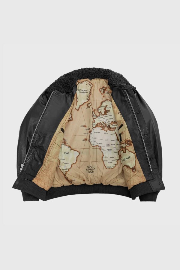 Leather Coat - Men's - Black - Fashion Leather Jacket - Map Lining - Bomber - WBM219BP-MAP-BLK-FM