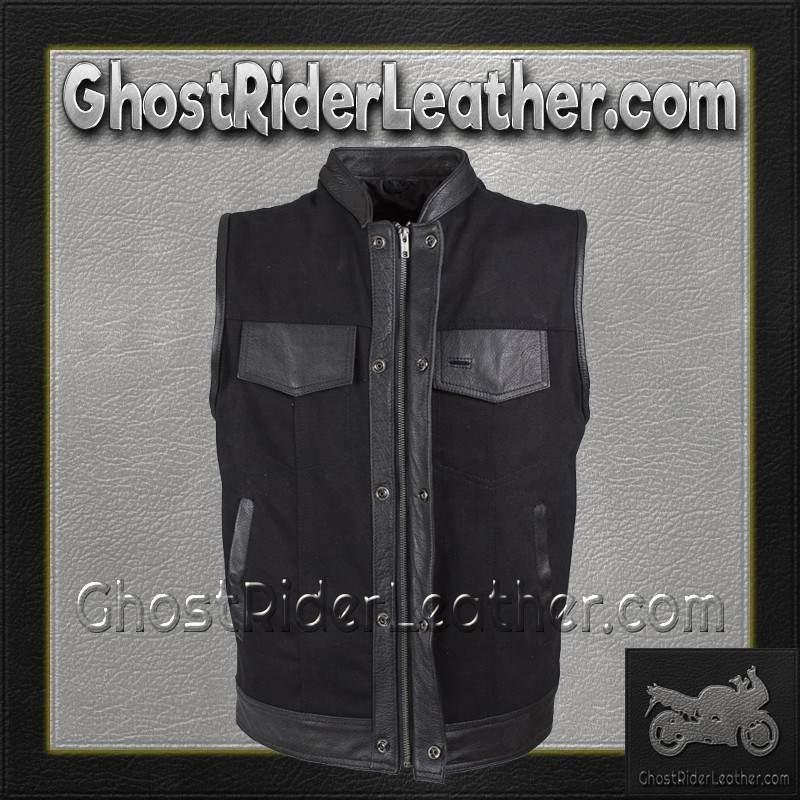 Mens Black Denim Club Vest with Leather Trim - SKU MV8019-ZIP-BD-DL Mens Black Denim Club Vest with Leather Trim - SKU MV8019-ZIP-BD-DL