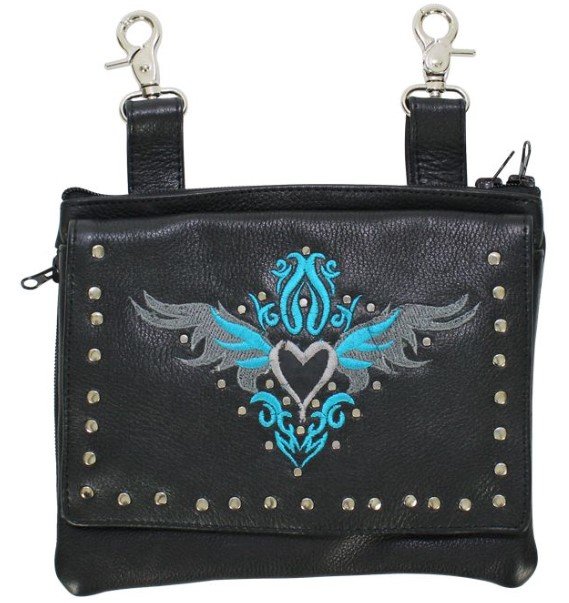 Leather Belt Bag - Teal Blue - Gun Pocket - Tribal Heart Design - Handbag - BAG36-EBL1-TEAL-DL