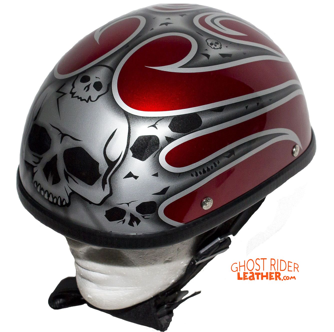 Novelty Motorcycle Helmet - Silver Skulls - Burgundy Flames - H401-D4-BURG-1-DL Novelty Motorcycle Helmet - Silver Skulls - Burgundy Flames - H401-D4-BURG-1-DL