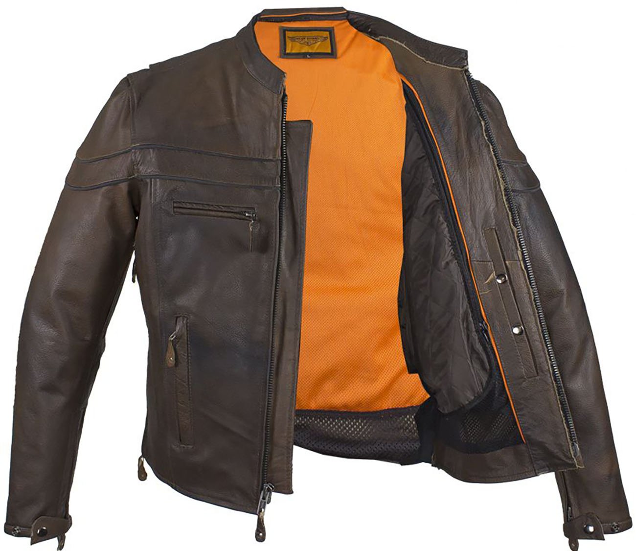 Leather Motorcycle Jacket - Men's - Concealed Carry Pockets - Brown - MJ796-BRN-11DL