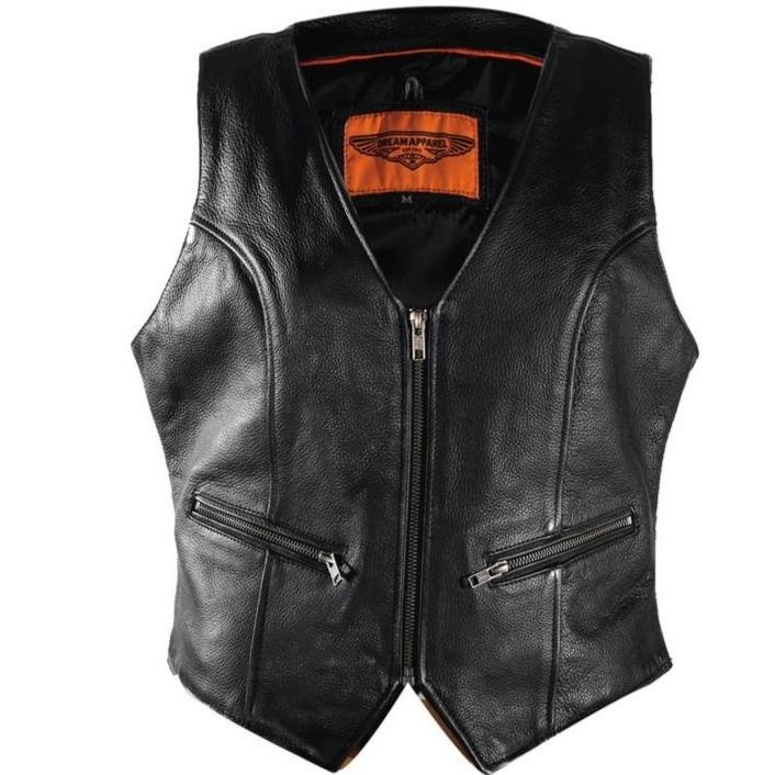 Women's Leather Motorcycle Zipper Vest with Concealed Carry Pockets - SKU LV8507-DL