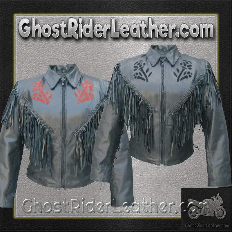 Ladies Red or Black Rose Fringe Leather Jacket - SKU AL2105-2106-AL