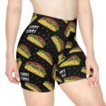 Doodle Tacos - Red Green Yellow on Black - Text Yummy Yummy - Women's Biker Shorts