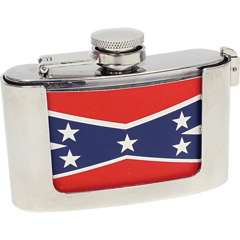 Be A Rebel 3oz Stainless Steel Belt Buckle Flask with Rebel Flag - SKU KTFLASKBKRBL-BN