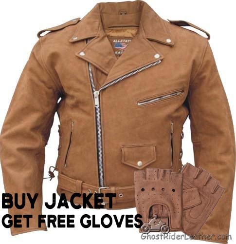 Men's Classic Style Brown Leather Motorcycle Jacket With Free Gloves- Up To Size 60 - SKU AL2015-AL