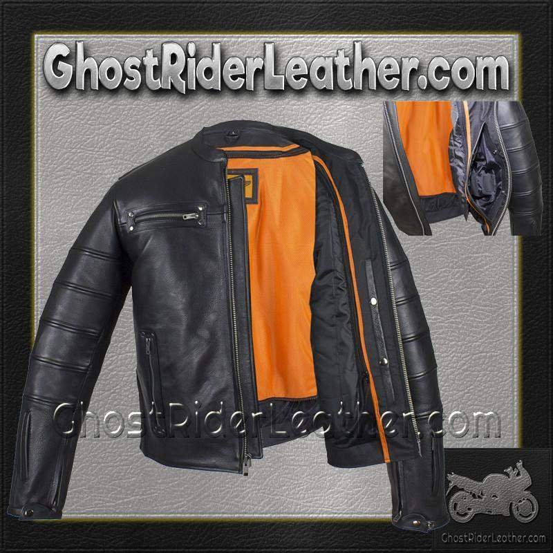 Black Pleated Racer Leather Jacket with Concealed Carry Pockets - SKU MJ828-DL