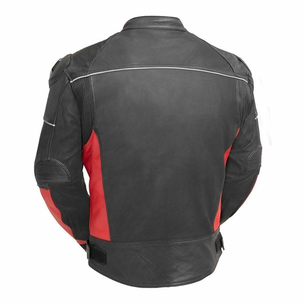 First Manufacturing Company Mens PowerSports Leather Racing Jacket - Red and Black - AT-1104-RED-FM First Manufacturing Company Mens PowerSports Leather Racing Jacket - Red and Black - AT-1104-RED-FM