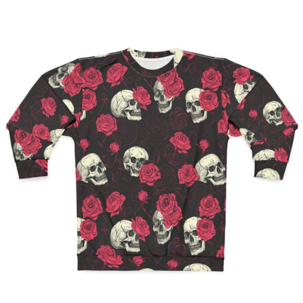 Skulls and Roses - Pink White on Black - Unisex Sweatshirt (AOP)