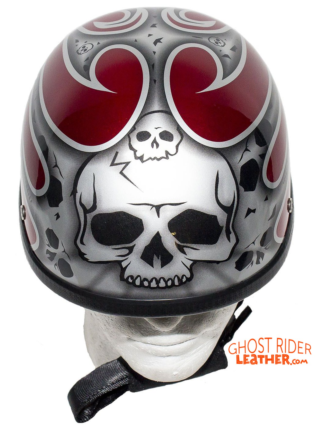Novelty Motorcycle Helmet - Silver Skulls - Burgundy Flames - H401-D4-BURG-1-DL Novelty Motorcycle Helmet - Silver Skulls - Burgundy Flames - H401-D4-BURG-1-DL