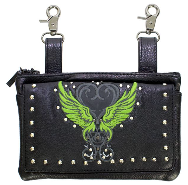 Leather Belt Bag - Lime Green - Wings Design - Handbag - BAG35-EBL8-LIME-DL