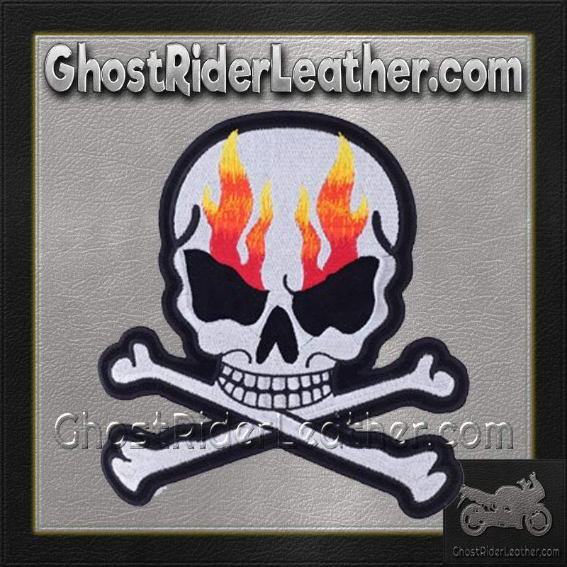 Silver Metallic Skull Crossbones with Flames Patch - Vest Patch - PAT-A15-DL