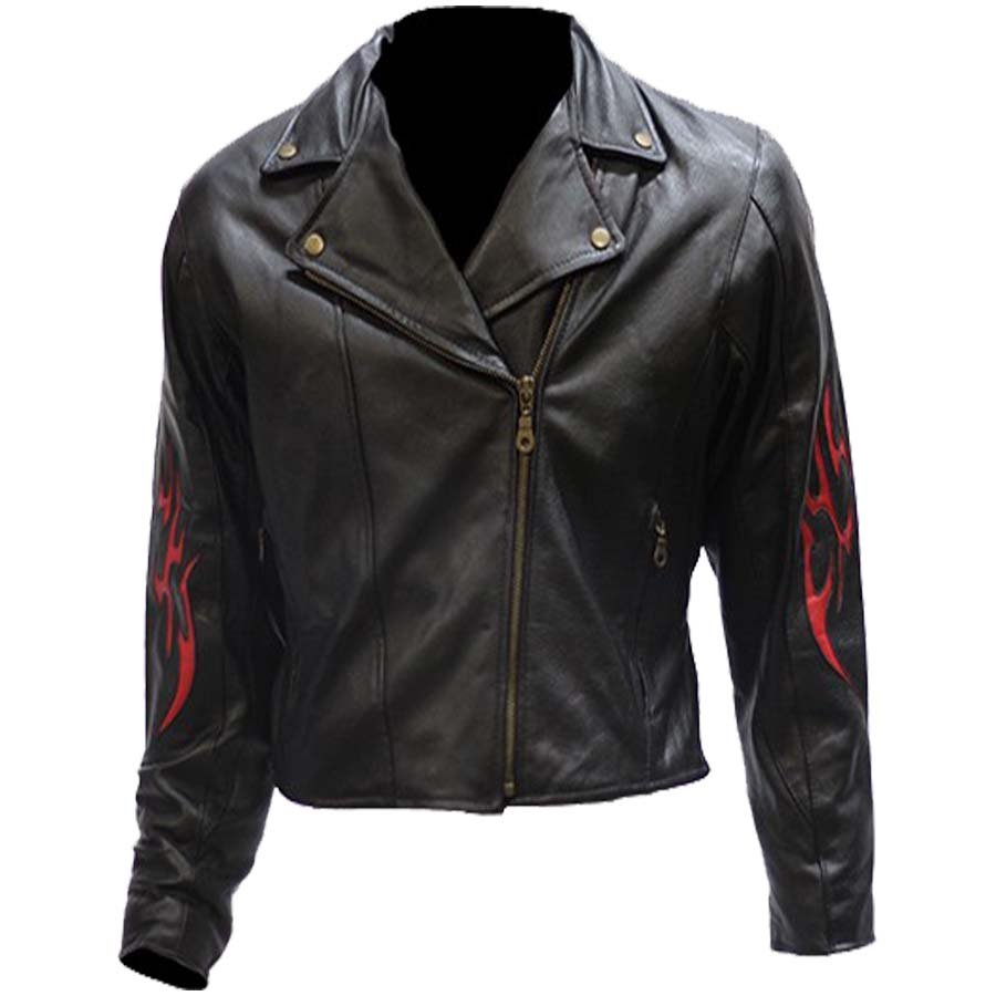 Leather Motorcycle Jacket - Women's - Red Flames - LJ254-DL