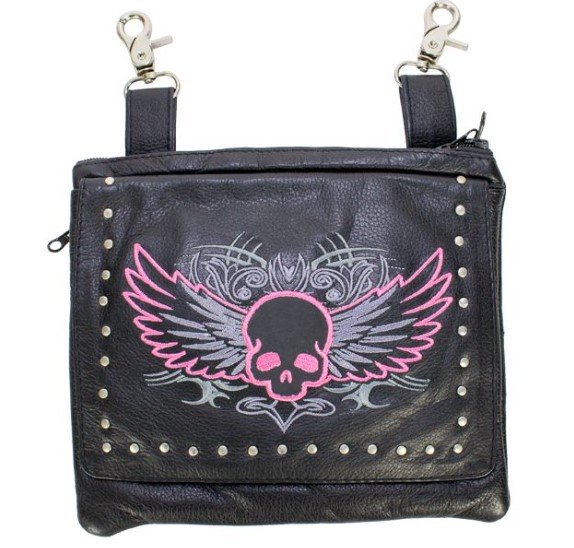 Leather Belt Bag - Pink - Gun Pocket - Flying Skull Design - Handbag - BAG36-EBL10-PINK-DL