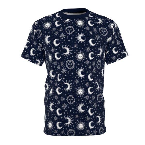 Sun Moon Stars - White On Midnight Blue - Unisex Cut & Sew Tee (AOP)
