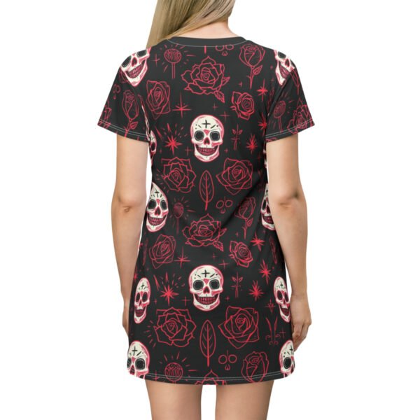 Skulls and Roses - Pink White on Black - T-Shirt Dress (AOP)