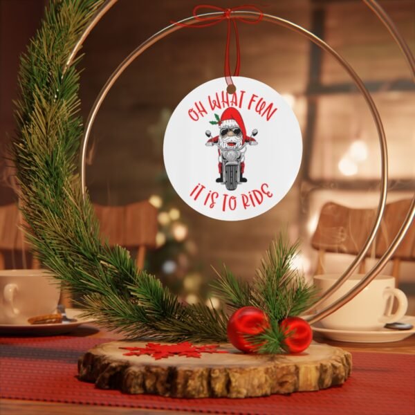 Christmas Ornament - Santa - Motorcycle - Red - Green - Round - Metal Ornaments