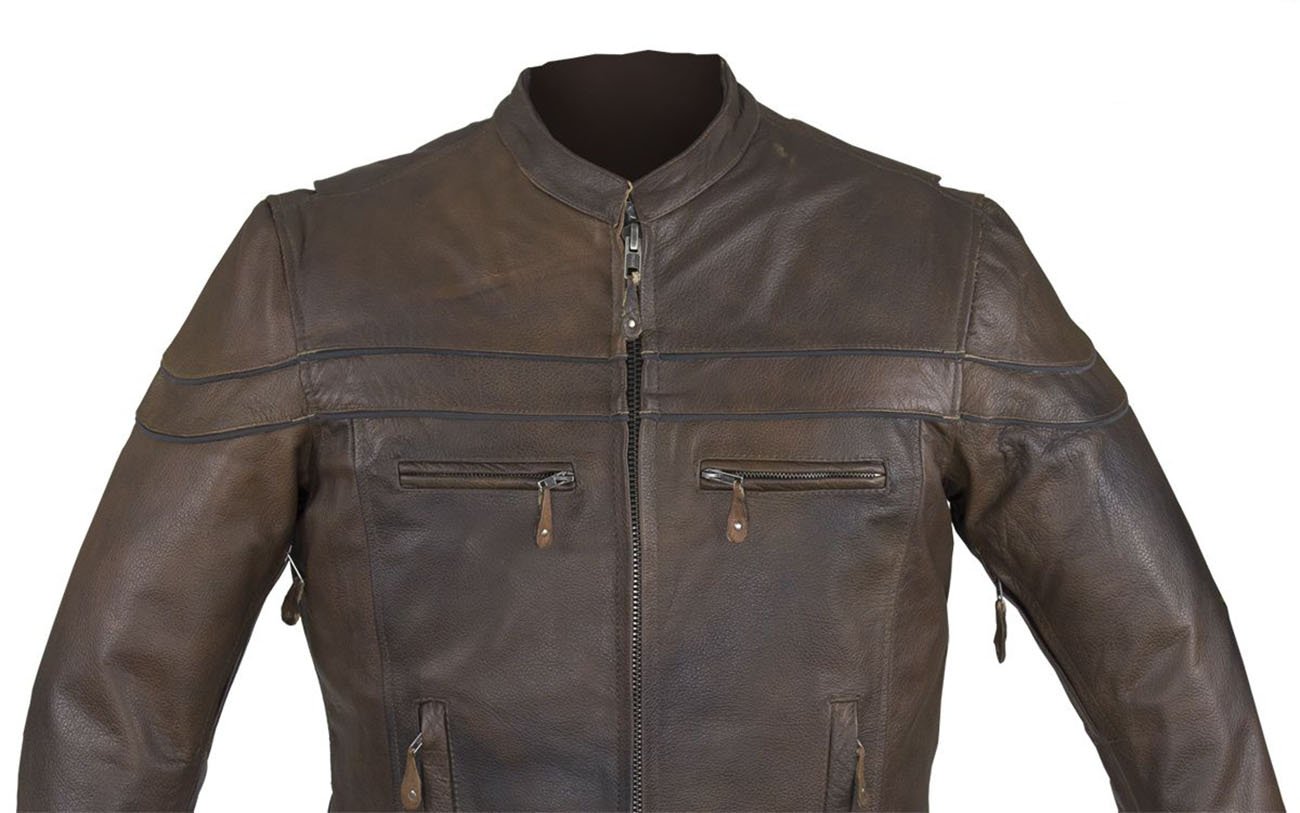 Leather Motorcycle Jacket - Men's - Concealed Carry Pockets - Brown - MJ796-BRN-11DL