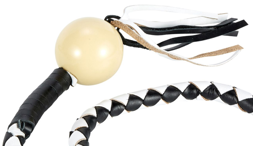 Get Back Whip - Black and White Leather - With White Cue Ball - 42 Inches - Motorcycle Accessories - SKU GBW7-BB-DL