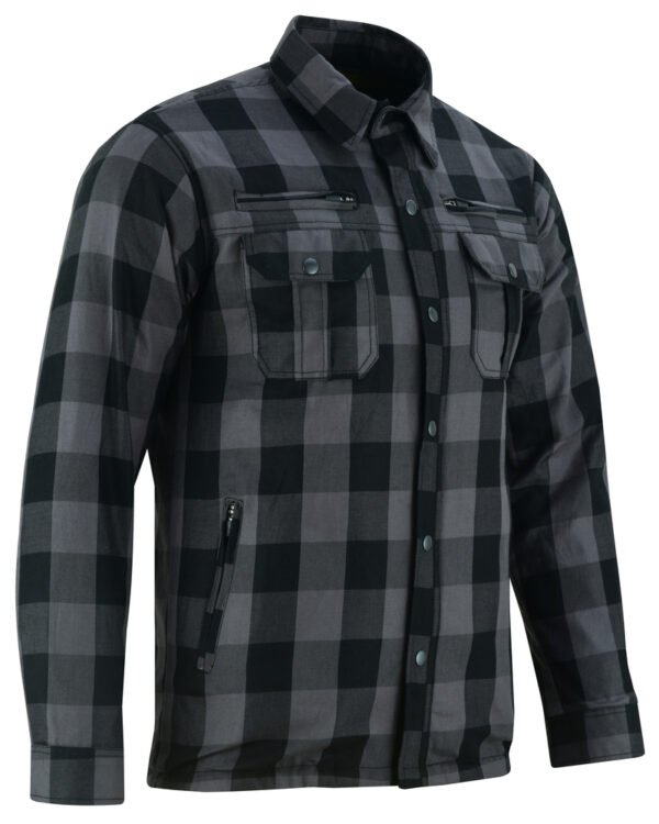 Flannel Motorcycle Shirt - Men's - Armor Pockets - Gun Pockets - Up To Size 6XL - Black Gray Plaid - DS4670-DS