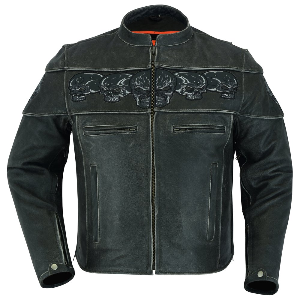 Leather Motorcycle Jacket - Men's - Reflective Skulls - Racer - DS723-DS