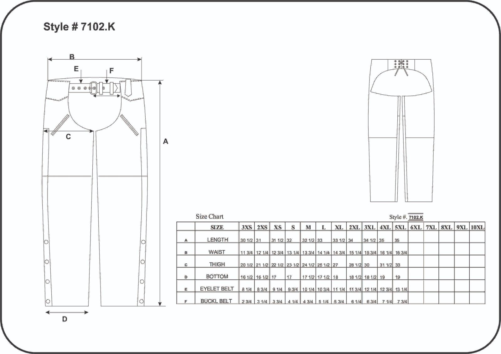 Leather Motorcycle Chaps - Unisex - Deep Pockets - 7102-K-UN Size Chart